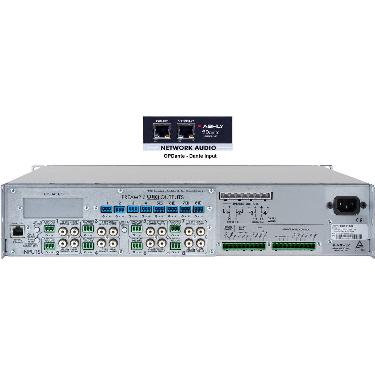 Ashly PEMA 4125.70D 4-Channel Network Power Amplifier plus OPDante Option Card, 125W at 70V, 8x8 DSP Matrix, CobraNet