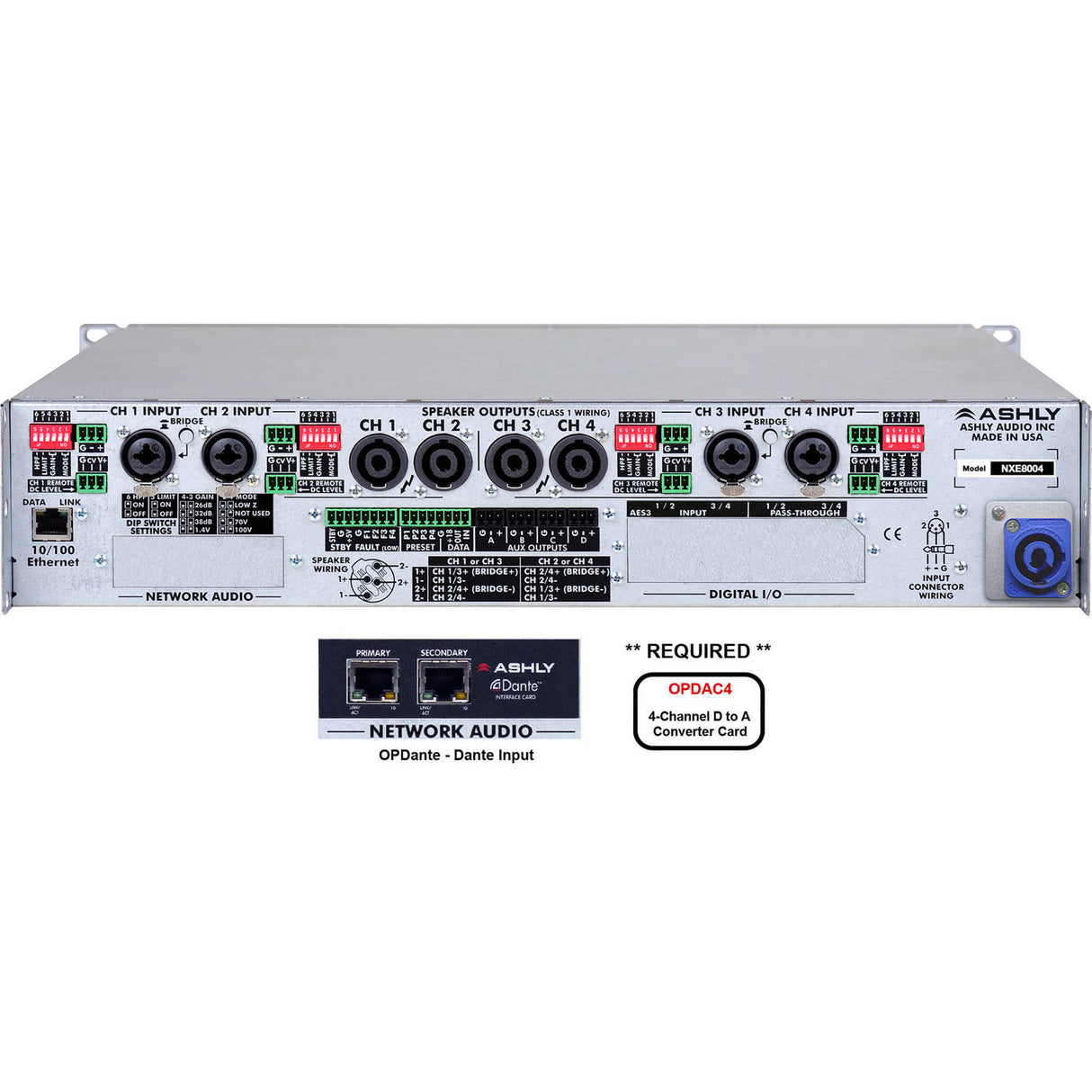 Ashly nXE8004BD Multi-Mode Amplifier with Dante and OPDAC4 Option Cards