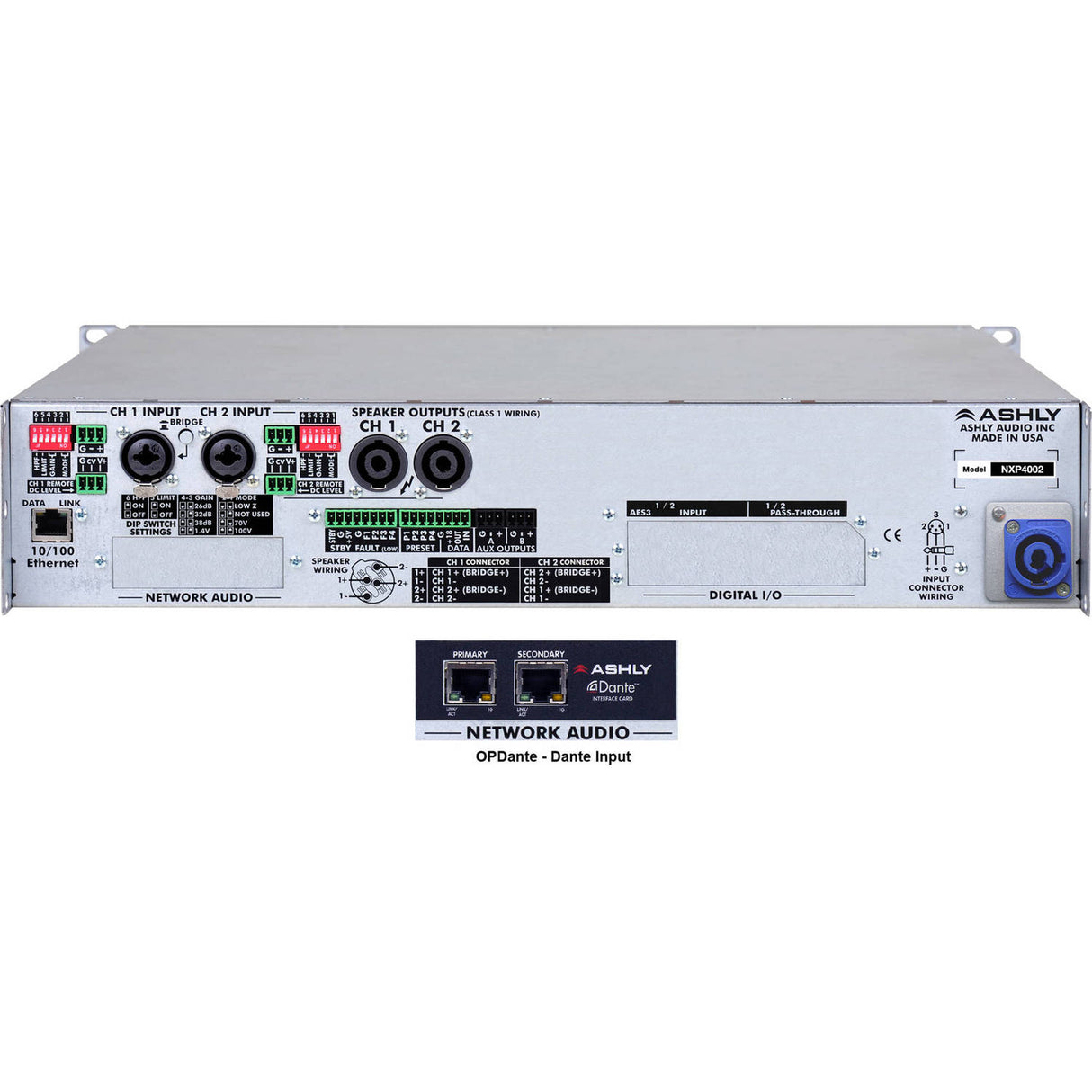 Ashly nXp4002D 2-Channel Network Power Amplifier, 400W at 2 Ohms with Protea DSP & OPDante Card