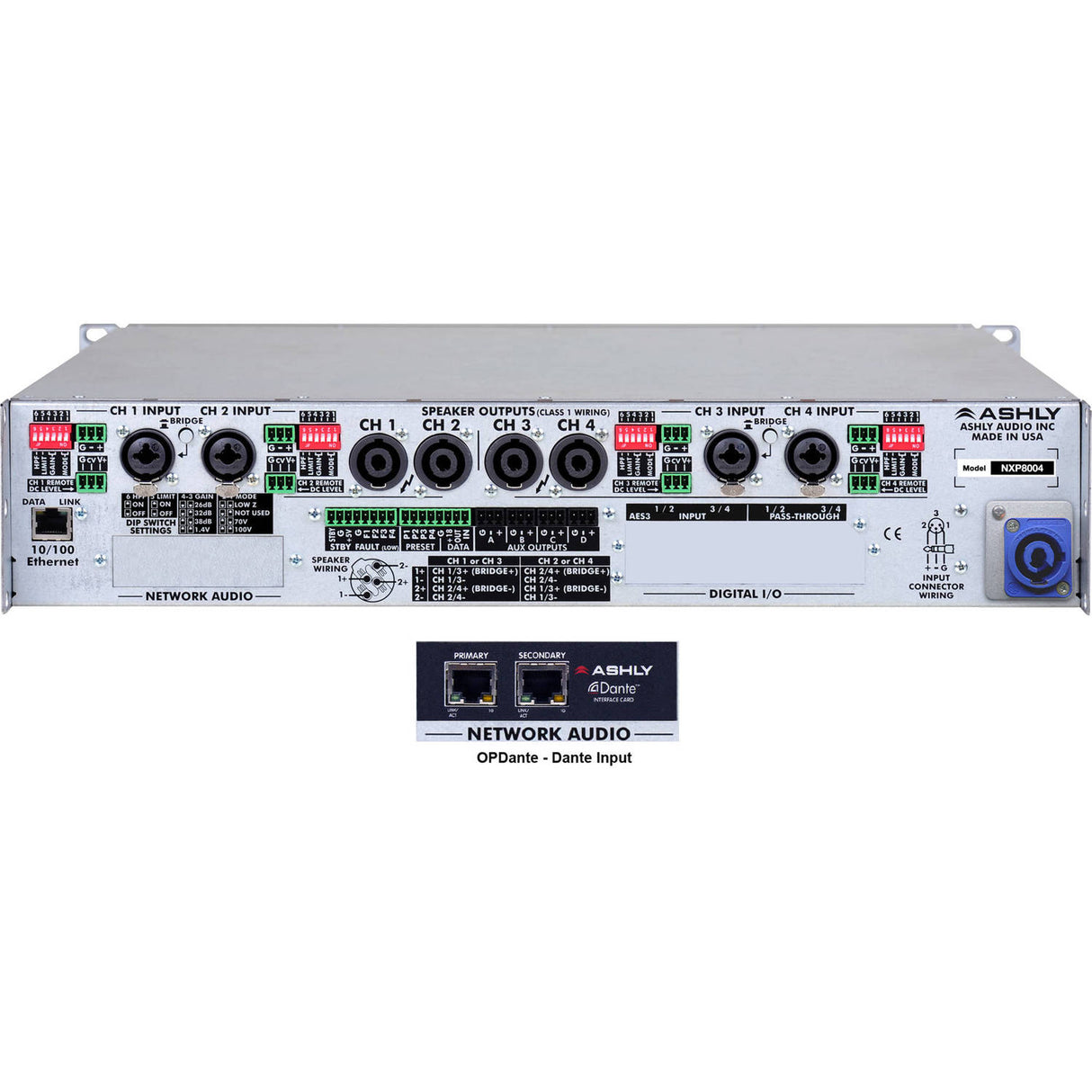 Ashly nXp8004D 4-Channel Network Power Amplifier, 800W at 2 Ohms with Protea DSP & OPDante Card