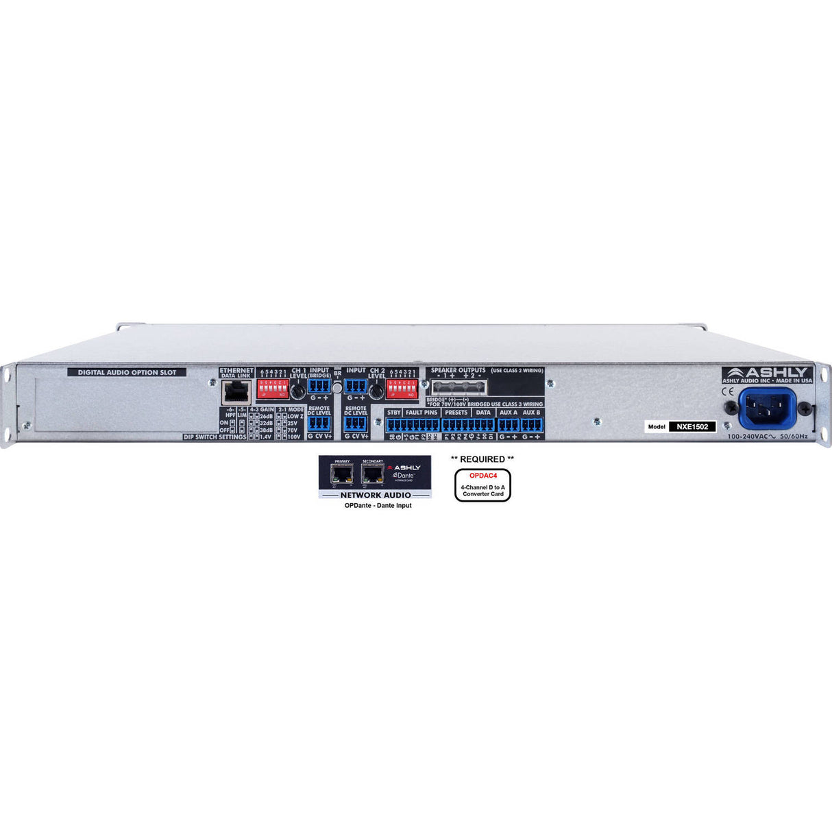 Ashly nXe1502bd 2-Channel Network Power Amplifier plus OPDante and OPDAC4 Option Cards