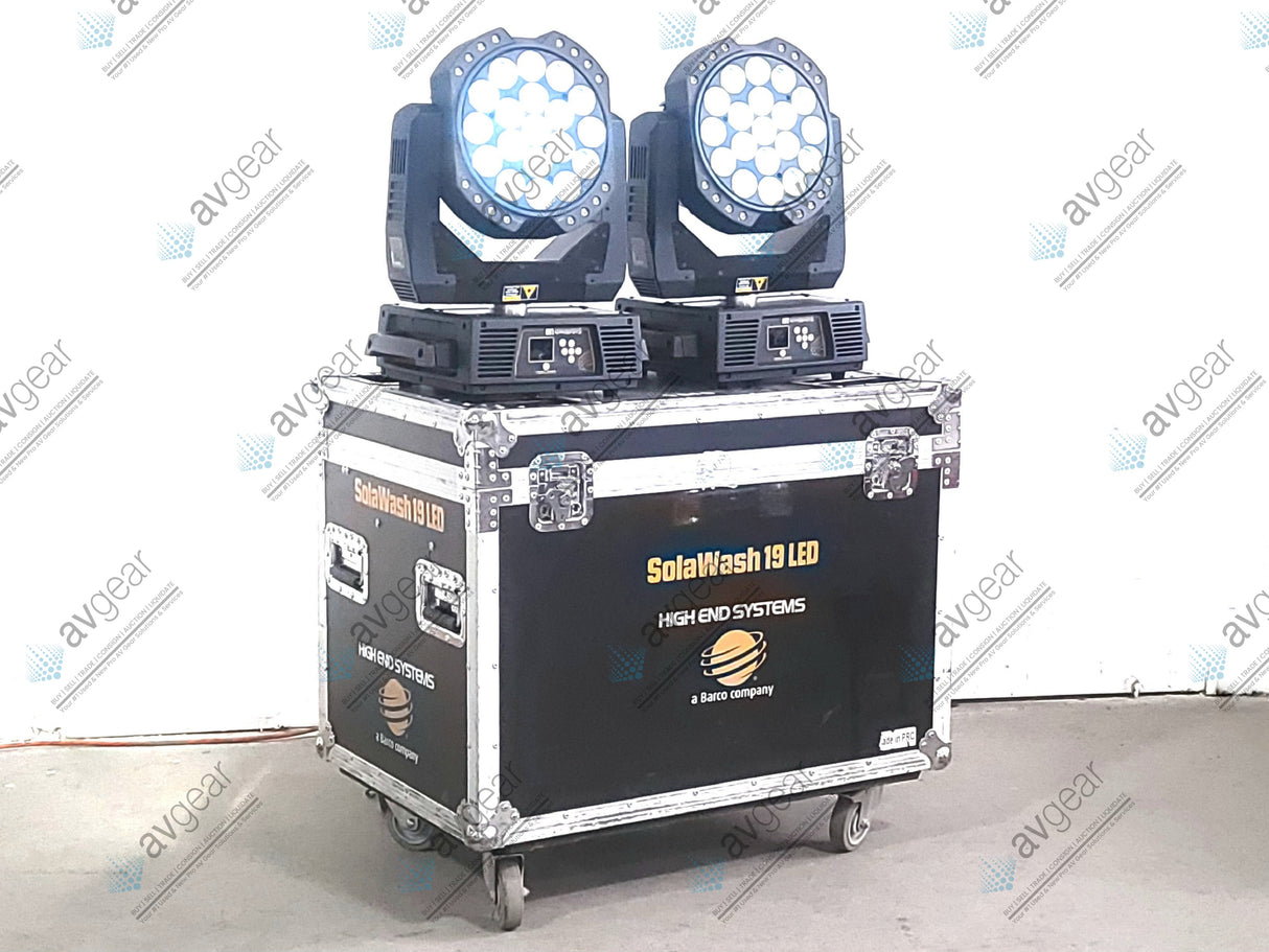 (2) High End Systems Solawash 19 LED Moving Head Light w/ (4) Mounting Brackets, (2) PSU Cables & (2) Safety Cables in Wheeled Hard Case