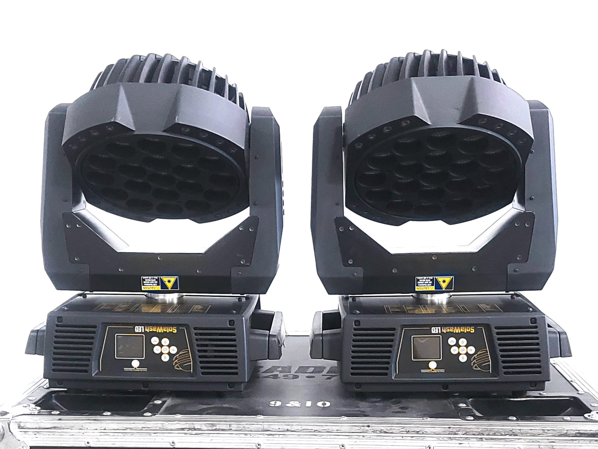 (2) High End Systems Solawash 19 LED Moving Head Light w/ (4) Mounting Brackets, (2) PSU Cables & (2) Safety Cables in Wheeled Hard Case