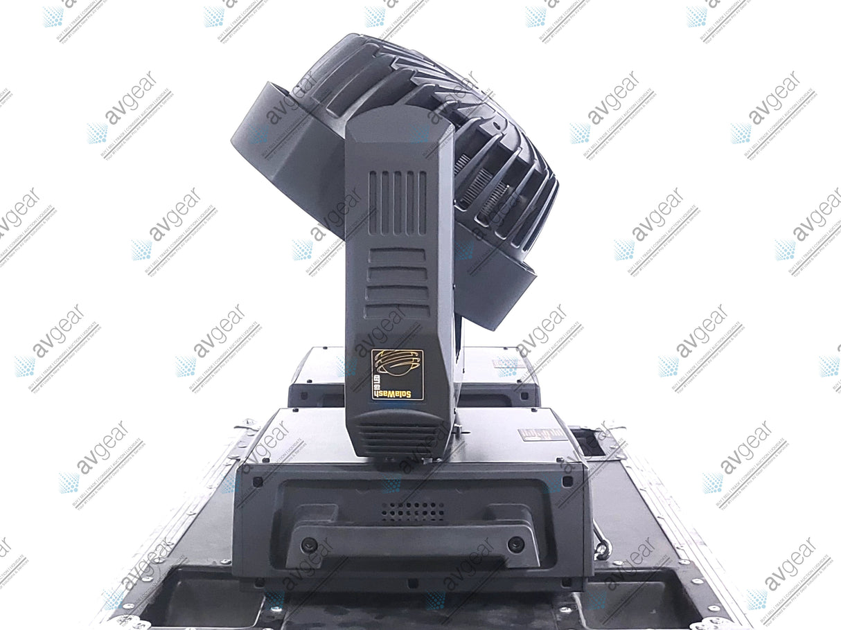 (2) High End Systems Solawash 19 LED Moving Head Light w/ (4) Mounting Brackets, (2) PSU Cables & (2) Safety Cables in Wheeled Hard Case
