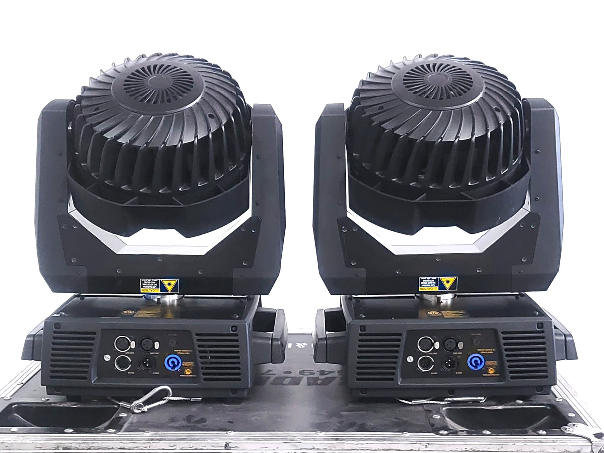 (2) High End Systems Solawash 19 LED Moving Head Light w/ (4) Mounting Brackets, (2) PSU Cables & (2) Safety Cables in Wheeled Hard Case