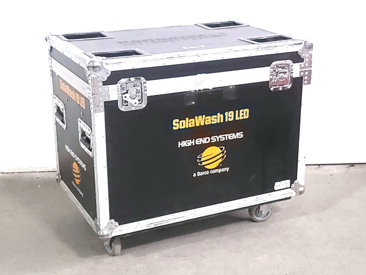 (2) High End Systems Solawash 19 LED Moving Head Light w/ (4) Mounting Brackets, (2) PSU Cables & (2) Safety Cables in Wheeled Hard Case
