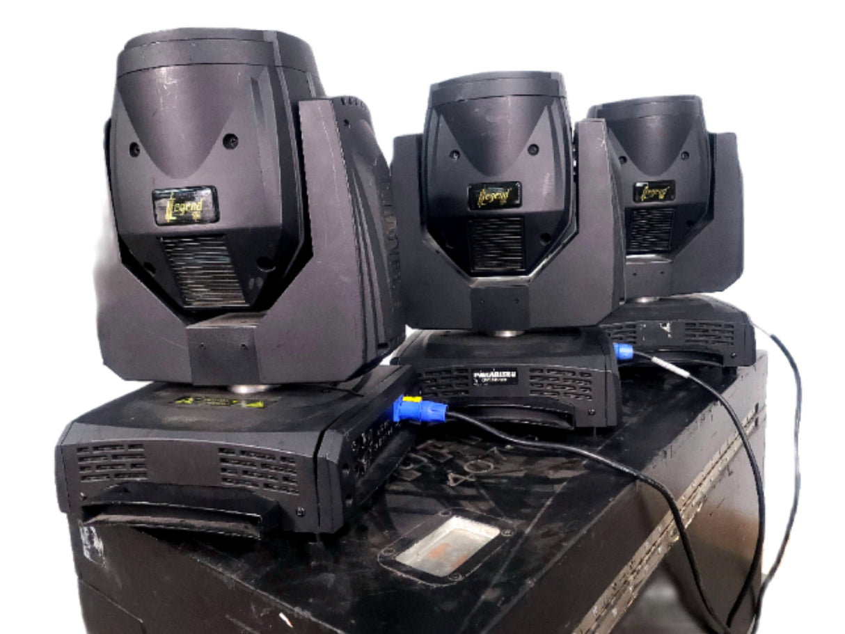 (3) Chauvet Legend P230SR Beam Moving Head Lights (1117,1186,952 Hours) w/ (6) Mounting Brackets, (3) Safety Cable, in Wheeled Road Case
