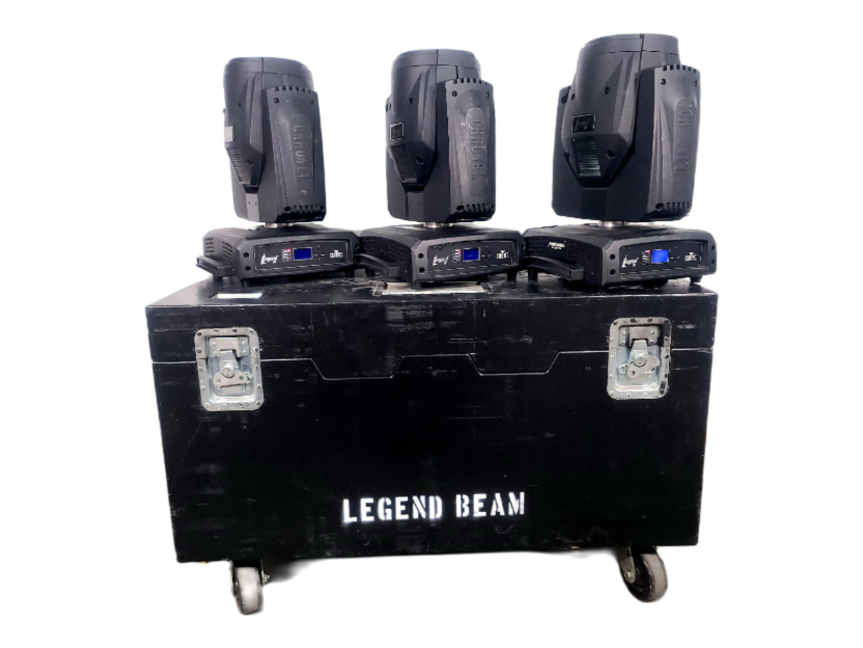 (3) Chauvet Legend P230SR Beam Moving Head Lights (1117,1186,952 Hours) w/ (6) Mounting Brackets, (3) Safety Cable, in Wheeled Road Case