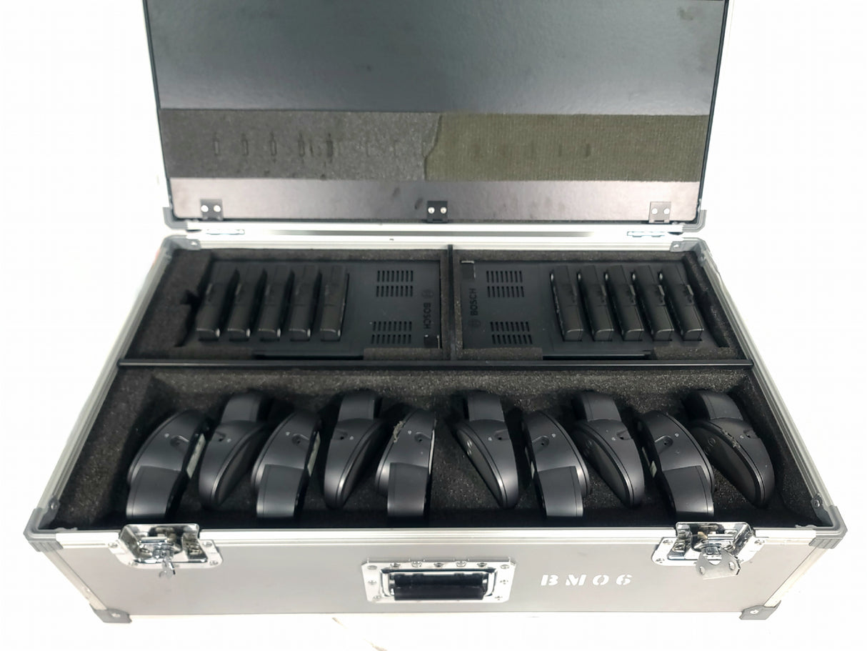 (10) Bosch DCN-WD-D Wireless Discussion Unit + (2) DCNM‑WCH05 Charger w/ 10 Battery Packs in Wheeled Hard Case