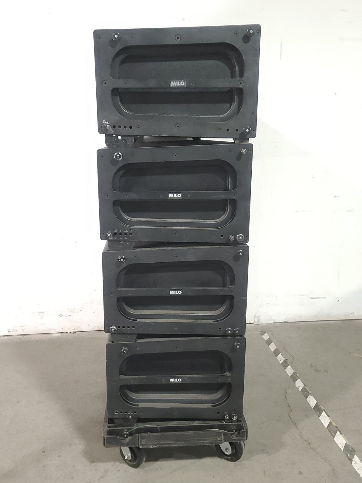 (4) Meyer Sound MILO Line Array Speakers (NEED REPAIRS) w/ Dolly and Soft Cover