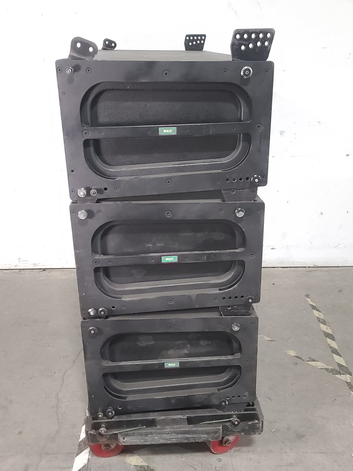 (3) Meyer Sound MILO Line Array Speakers (NEED REPAIRS) w/ Dolly and Soft Cover