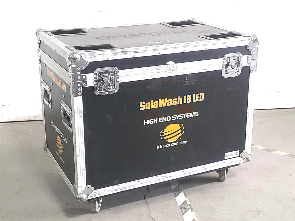 High End Systems Solawash 19 LED Moving Head Light w/ (2) Mounting Brackets, PSU Cables & Safety Cables in Wheeled Hard Case