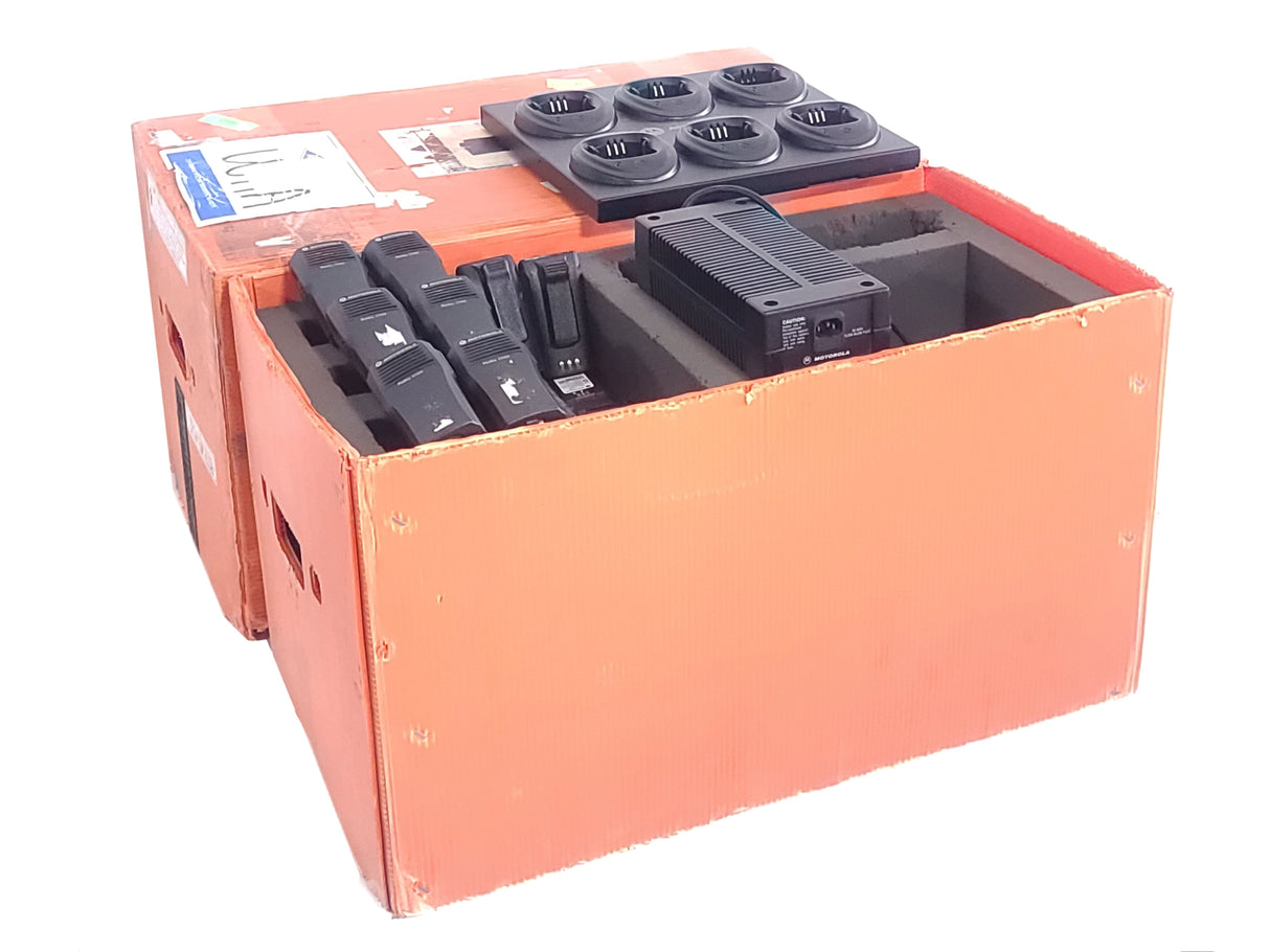 (6) Motorola CP200 Portable Two-Way Radios w/ 6-In-One Charging Bay (1 BAD DOCK) in Shipping Box
