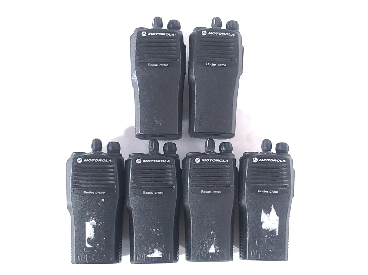 (6) Motorola CP200 Portable Two-Way Radios w/ 6-In-One Charging Bay (1 BAD DOCK) in Shipping Box