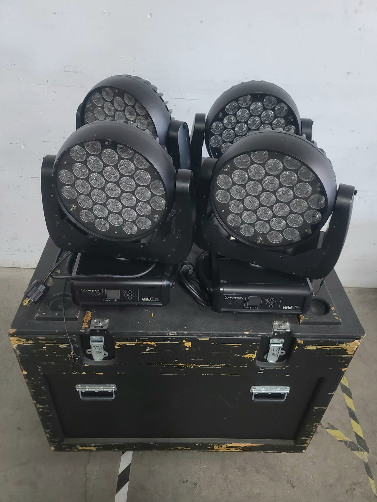 (4) Ayrton Wildsun 500C Moving LED Head Light w/ Clamps & Safety Cables in Wheeled Road Case