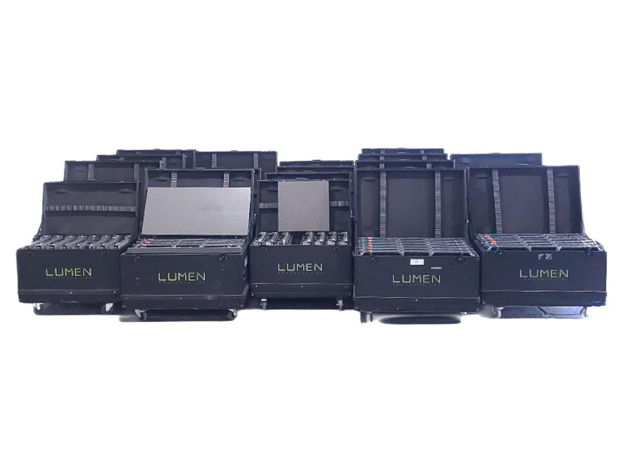 (60) Lumen Concept (500x1000) & (60) (500x500) 3.91 Outdoor IP65 LED Wall Panels (4500 NITS) w/ Accessories in (19) Wheeled Road Cases
