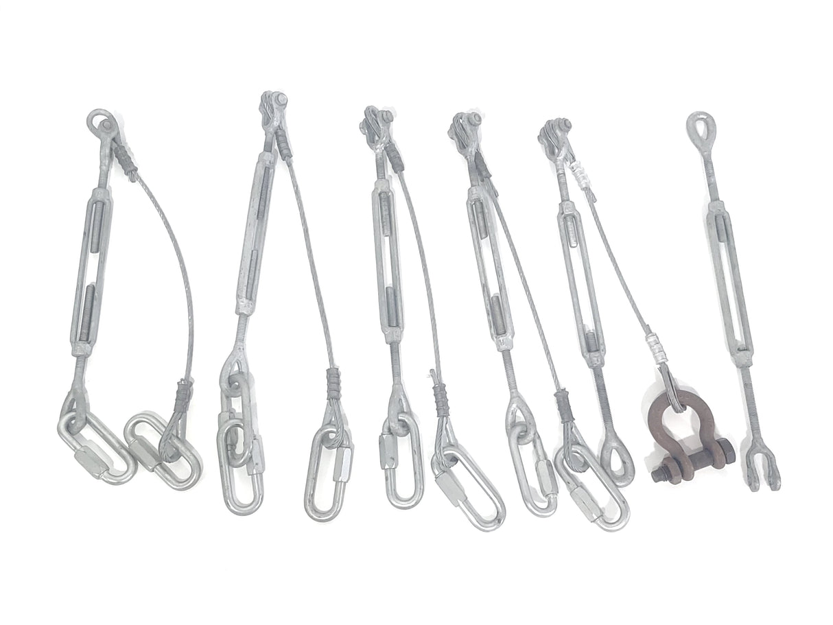 (5) Steel Turnbuckles w/ (4) Safety Cables, (7) Quick Links, Shackle