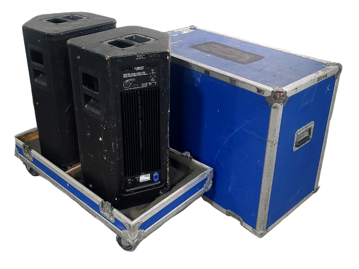 (2) QSC K12 Powered Speakers in Wheeled Road Case