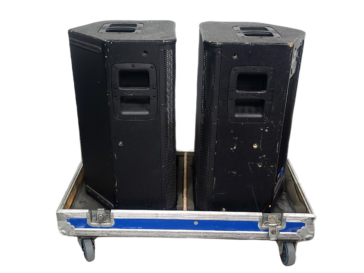 (2) QSC K12 Powered Speakers in Wheeled Road Case