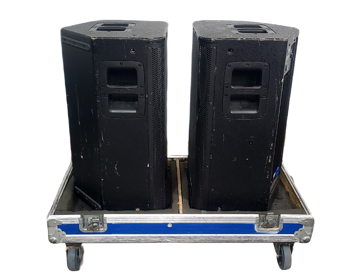 (2) QSC K12 Powered Speakers in Wheeled Road Case