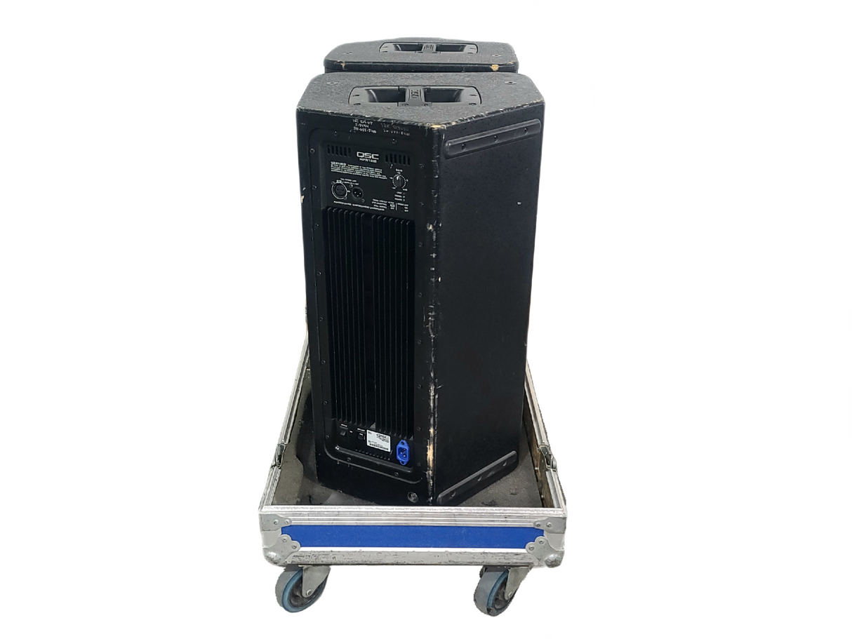 (2) QSC K12 Powered Speakers in Wheeled Road Case