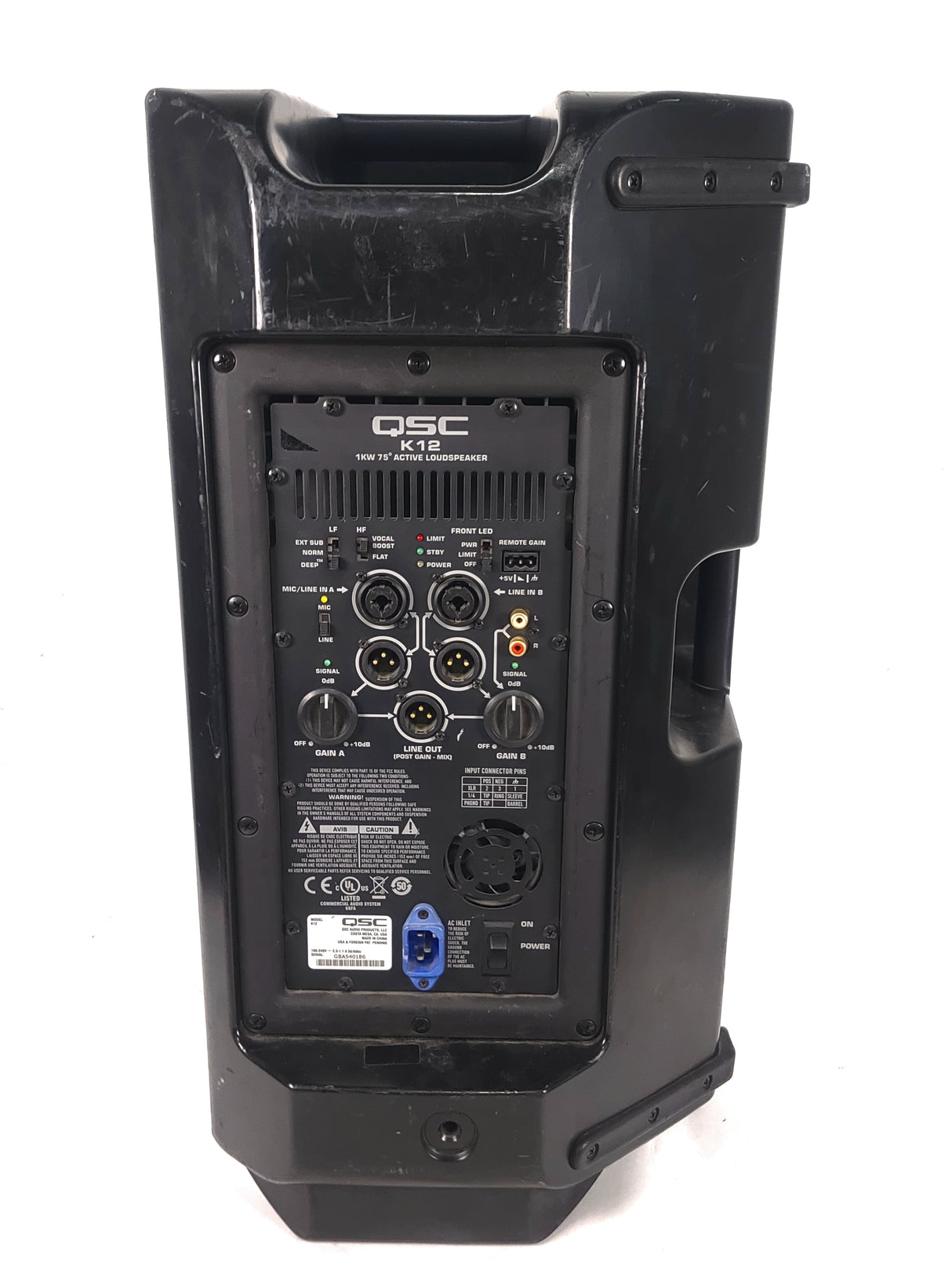 (2) QSC K12 Powered Speakers in Wheeled Road Case