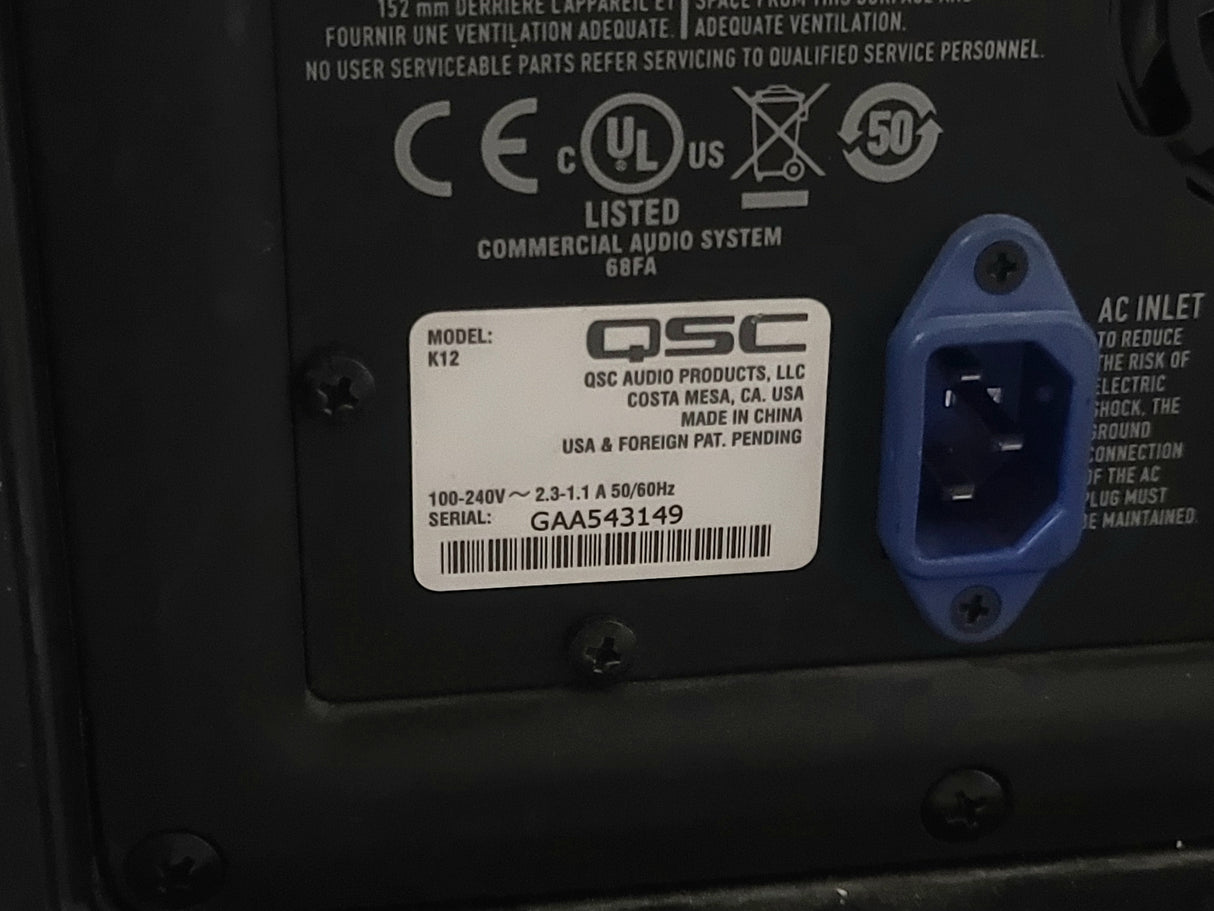(2) QSC K12 Powered Speakers in Wheeled Road Case