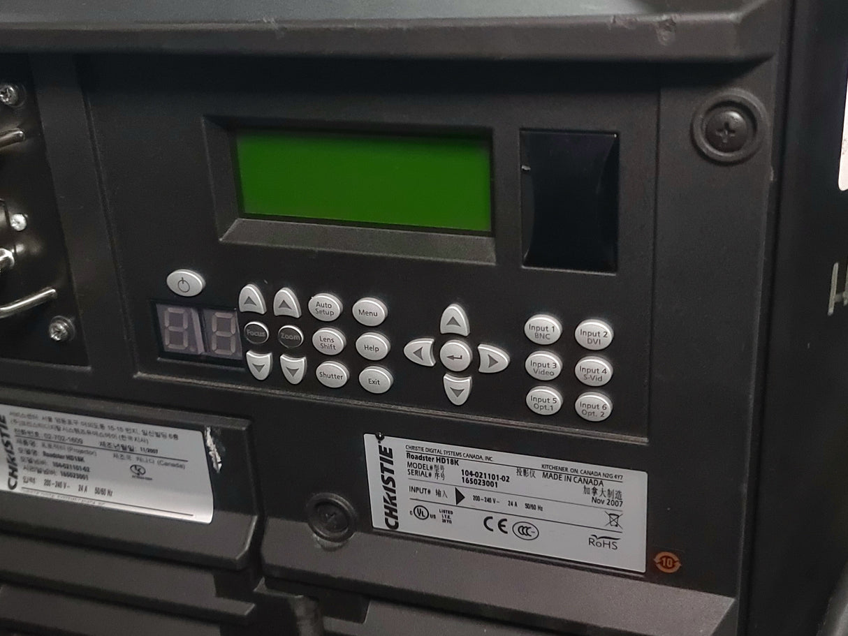 Christie Roadster HD18K 1080 HD 18000 Lumens 3-Chip DLP Digital Projector (Lamp Hours 562) in Wheeled Road Case (NO LENS)