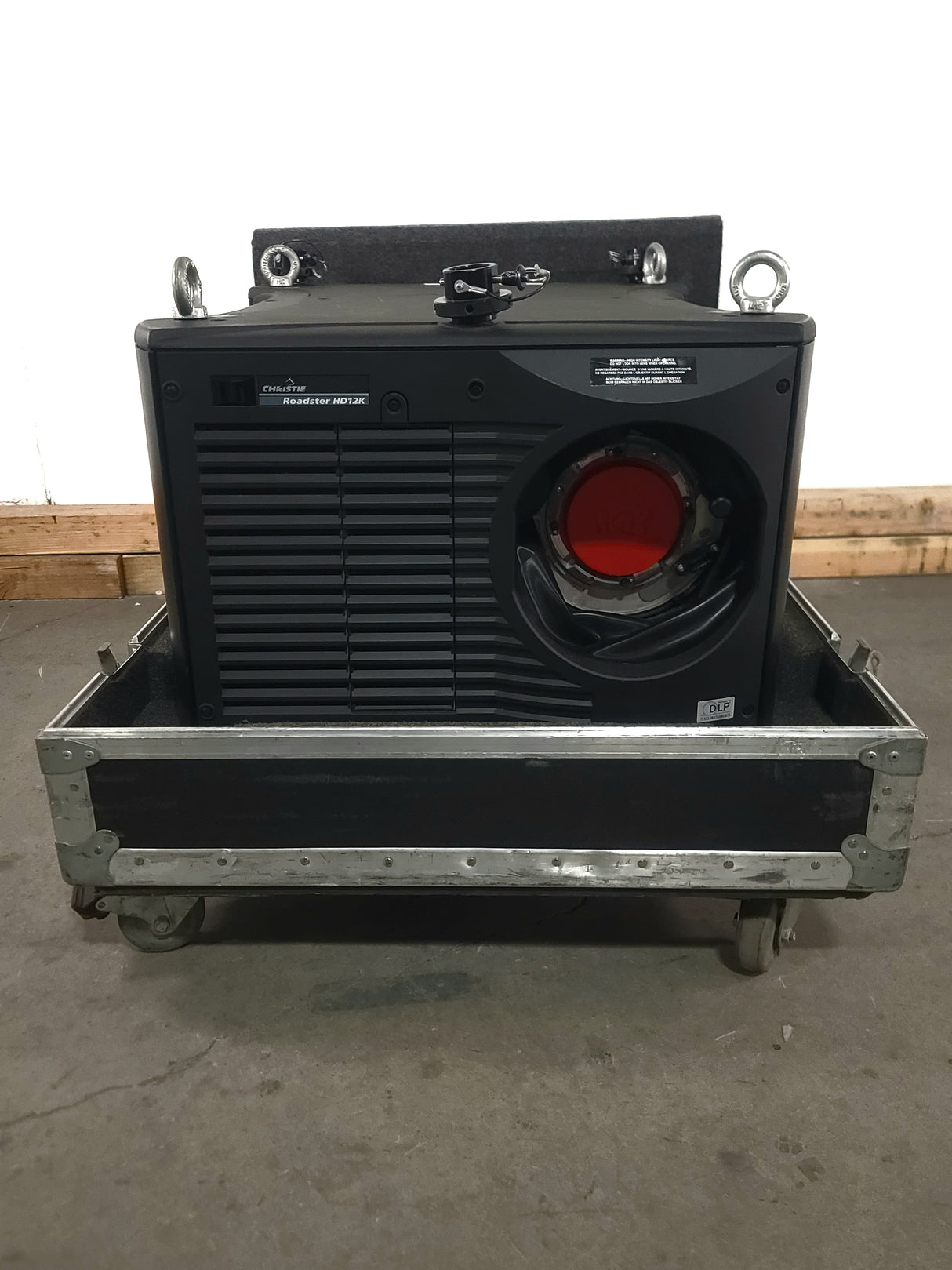 Christie Roadster HD12K 1080 HD 12000 Lumens 3-Chip DLP Digital Projector (Lamp Hours 686) w/ (2) Mounting Brackets, Remote and PSU Cable in Wheeled Road Case