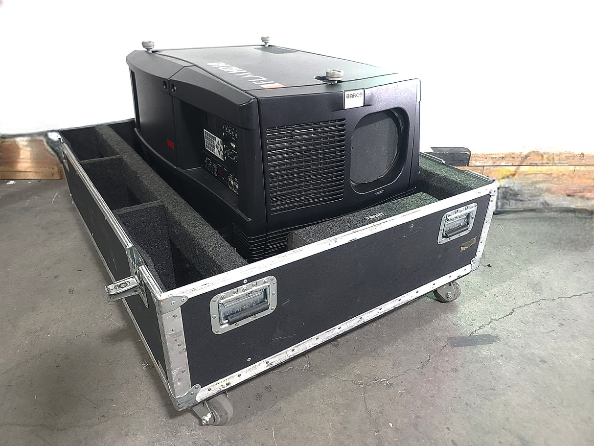 Barco FLM HD18 18,000 Lumens HD 3-Chip DLP Large Venue Projector (Lamp Hours 2200) w/ (4) Mounting Brackets, Remote & PSU Cable in Wheeled Road Case (NO LENS)