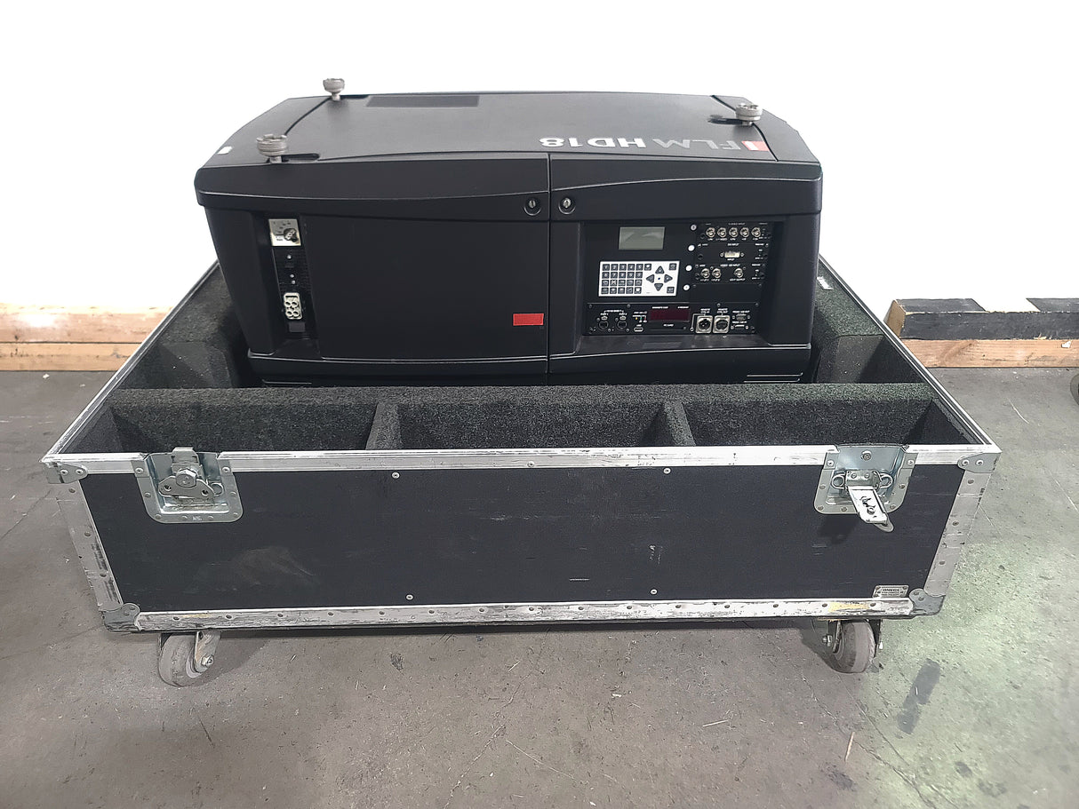 Barco FLM HD18 18,000 Lumens HD 3-Chip DLP Large Venue Projector (Lamp Hours 2200) w/ (4) Mounting Brackets, Remote & PSU Cable in Wheeled Road Case (NO LENS)