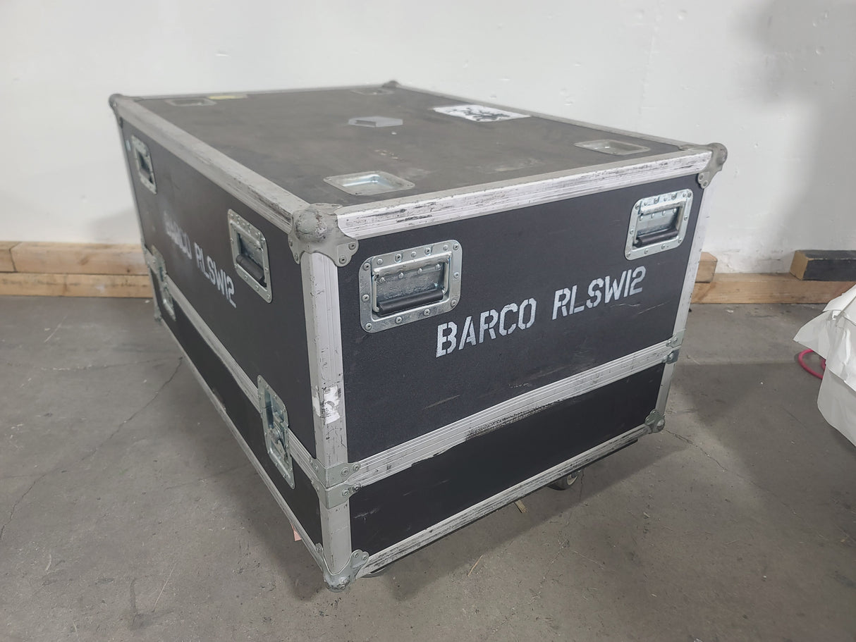 Barco RLS W12 11,000 Lumens WUXGA 1-Chip DLP (Lamp Hours 342 & 345) Large Venue Projector w/ (4) Mounting Clamps, Remote, Extra Lamp & PSU Cable in Wheeled Road Case (NO LENS)