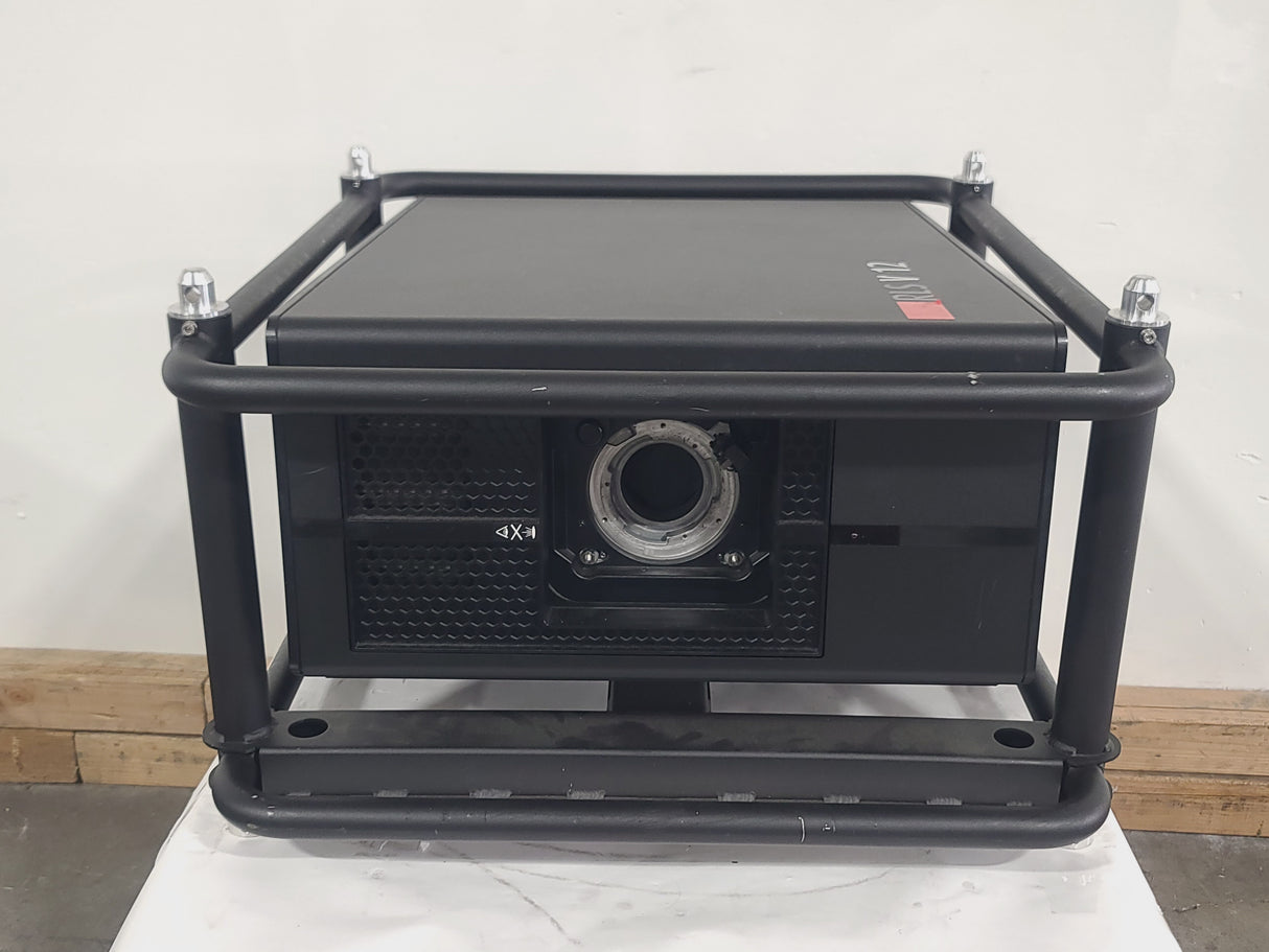 Barco RLS W12 11,000 Lumens WUXGA 1-Chip DLP (Lamp Hours 406 & 407) Large Venue Projector w/ (4) Mounting Clamps, Remote, Extra Lamp & PSU Cable in Wheeled Road Case (NO LENS)