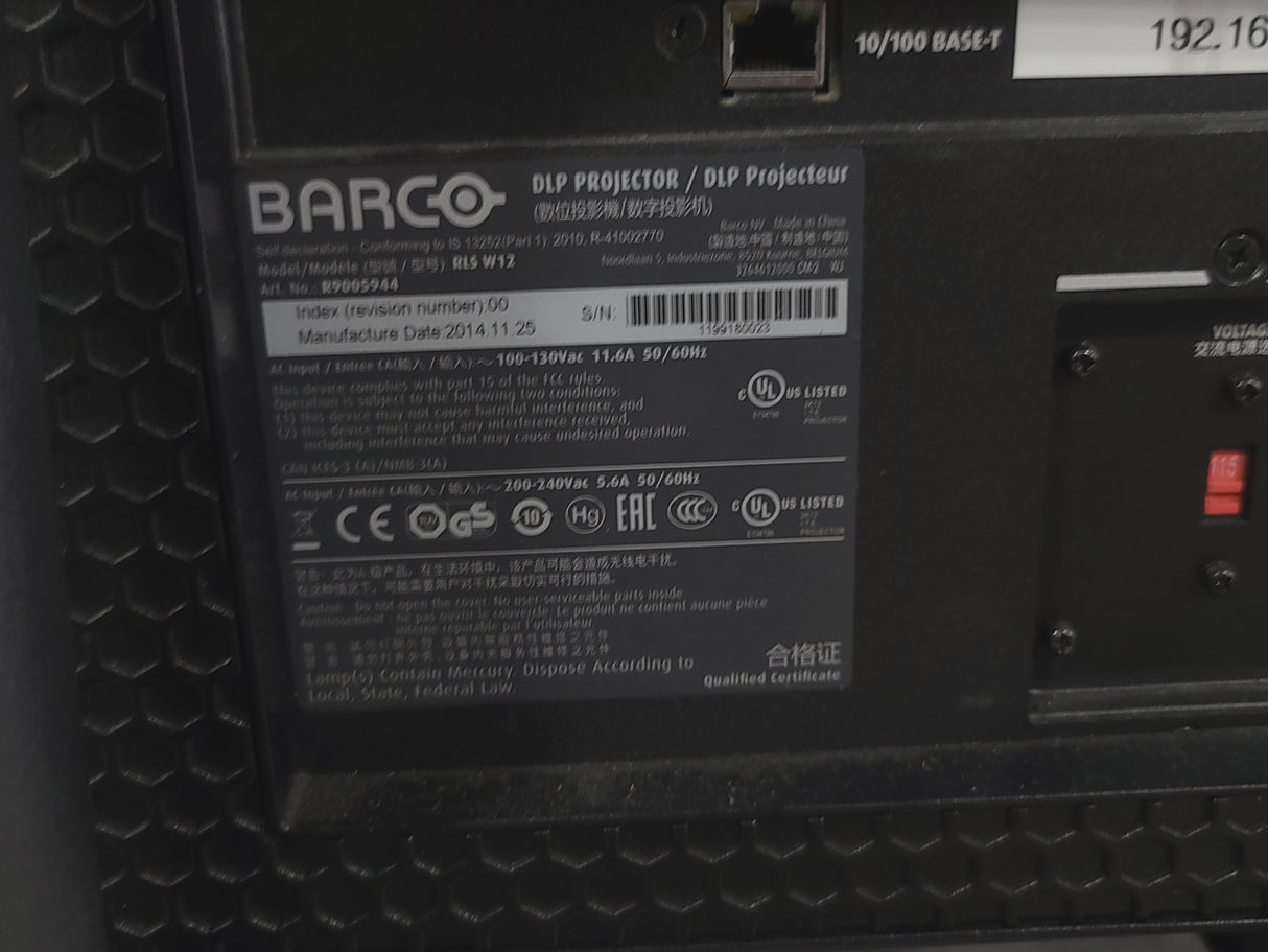 Barco RLS W12 11,000 Lumens WUXGA 1-Chip DLP (Lamp Hours 406 & 407) Large Venue Projector w/ (4) Mounting Clamps, Remote, Extra Lamp & PSU Cable in Wheeled Road Case (NO LENS)