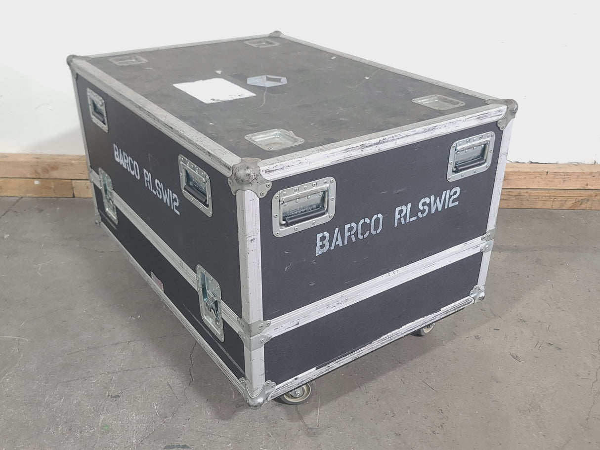 Barco RLS W12 11,000 Lumens WUXGA 1-Chip DLP (Lamp Hours 406 & 407) Large Venue Projector w/ (4) Mounting Clamps, Remote, Extra Lamp & PSU Cable in Wheeled Road Case (NO LENS)