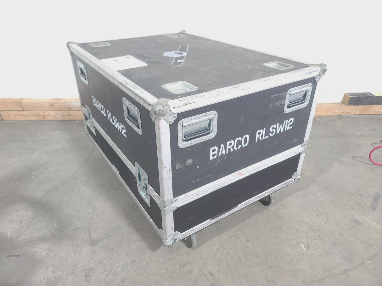 Barco RLS W12 11,000 Lumens WUXGA 1-Chip DLP (Lamp Hours 581 & 978) Large Venue Projector w/ (4) Mounting Clamps, Remote, Extra Lamp & in Wheeled Road Case (NO LENS)