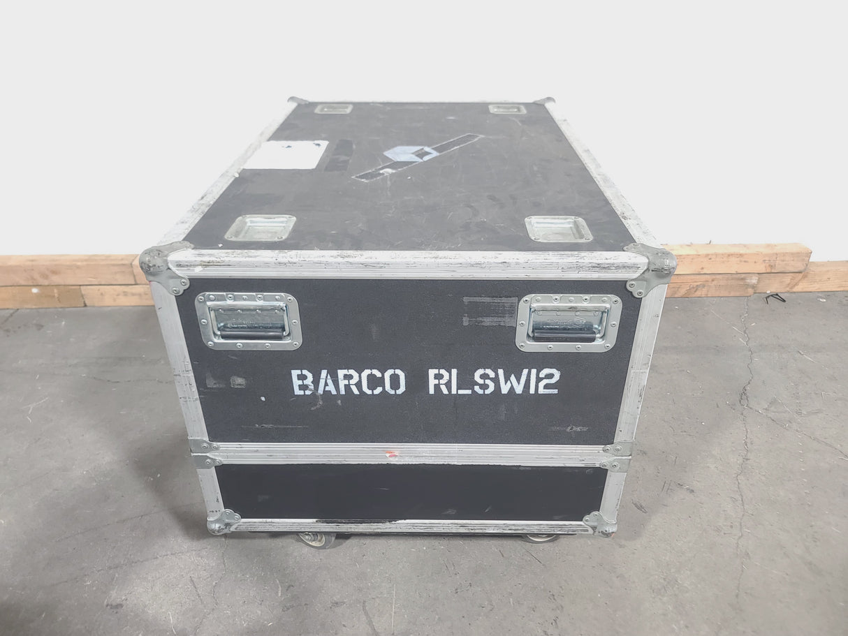 Barco RLS W12 11,000 Lumens WUXGA 1-Chip DLP (Lamp Hours 581 & 978) Large Venue Projector w/ (4) Mounting Clamps, Remote, Extra Lamp & in Wheeled Road Case (NO LENS)