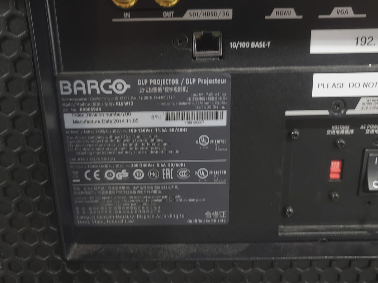 Barco RLS W12 11,000 Lumens WUXGA 1-Chip DLP (Lamp Hours 642 & 642) Large Venue Projector w/ (4) Mounting Clamps, Remote, Extra Lamp & PSU Cable in Wheeled Road Case (NO LENS)