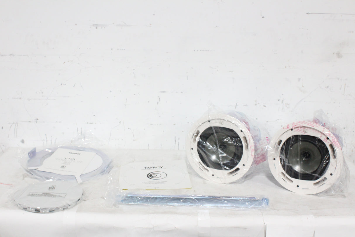 (2) Tannoy CMS 801DC BM Ceiling Monitor Loud Speakers w/ (2) Grilles, (2) Rails & (2) Cut Out Templates