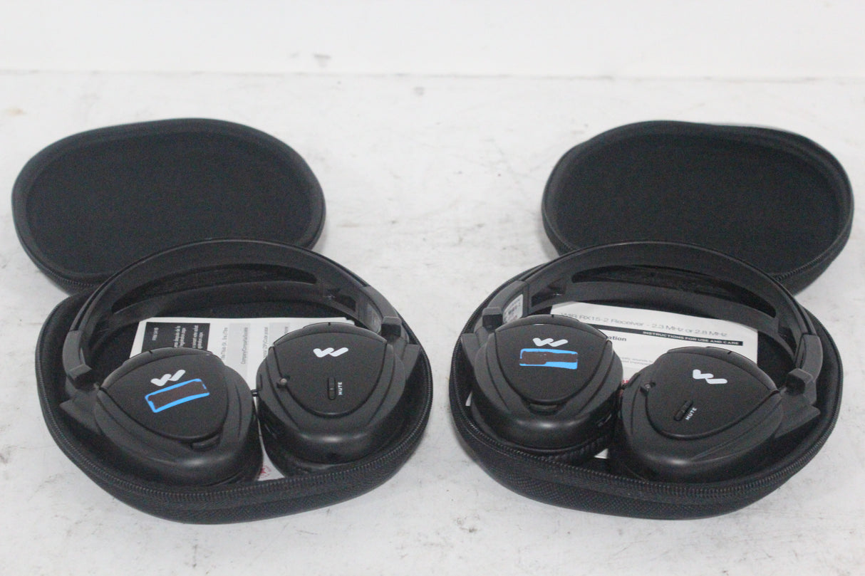 (2) Williams Sound WIR RX15-2 Dual-Channel Infrared Wireless Headphones (2.3 or 2.8 MHz) w/ (2) Vinyl Zipper Cases