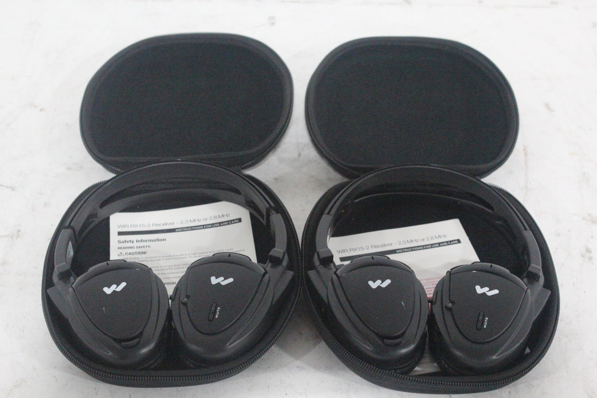 (2) Williams Sound WIR RX15-2 Dual-Channel Infrared Wireless Headphones (2.3 or 2.8 MHz) w/ (2) Vinyl Zipper Cases