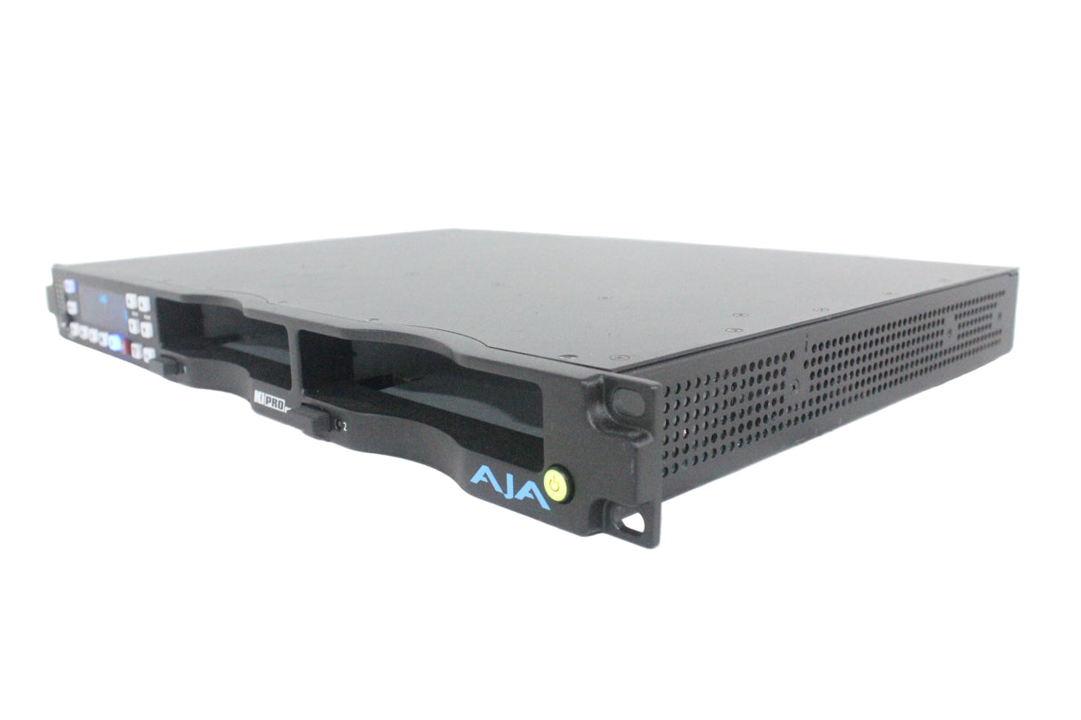 Front view of AJA Ki-Pro Rack, a professional video recorder and player device.