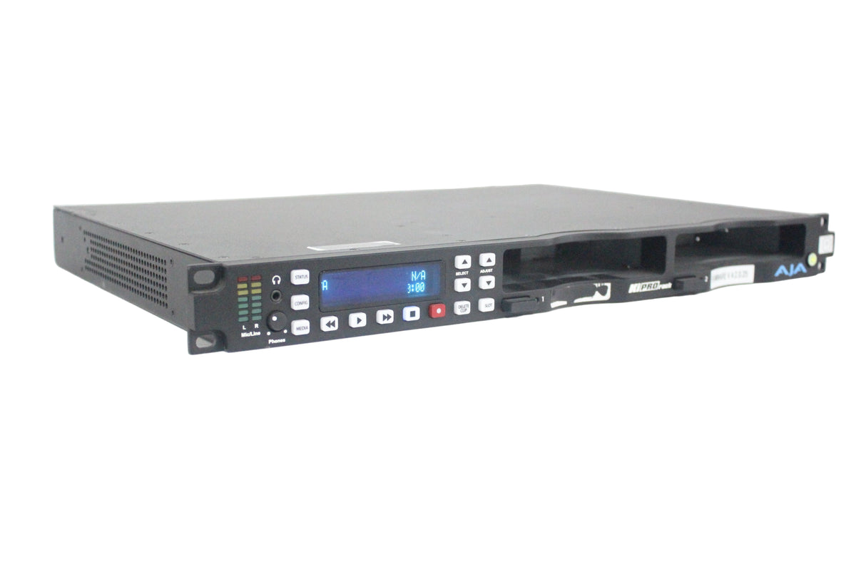 Front view of the AJA KiPro Rack Digital File Recorder without a drive, showing the front panel with various buttons and ports, mounted in a rackable chassis.
