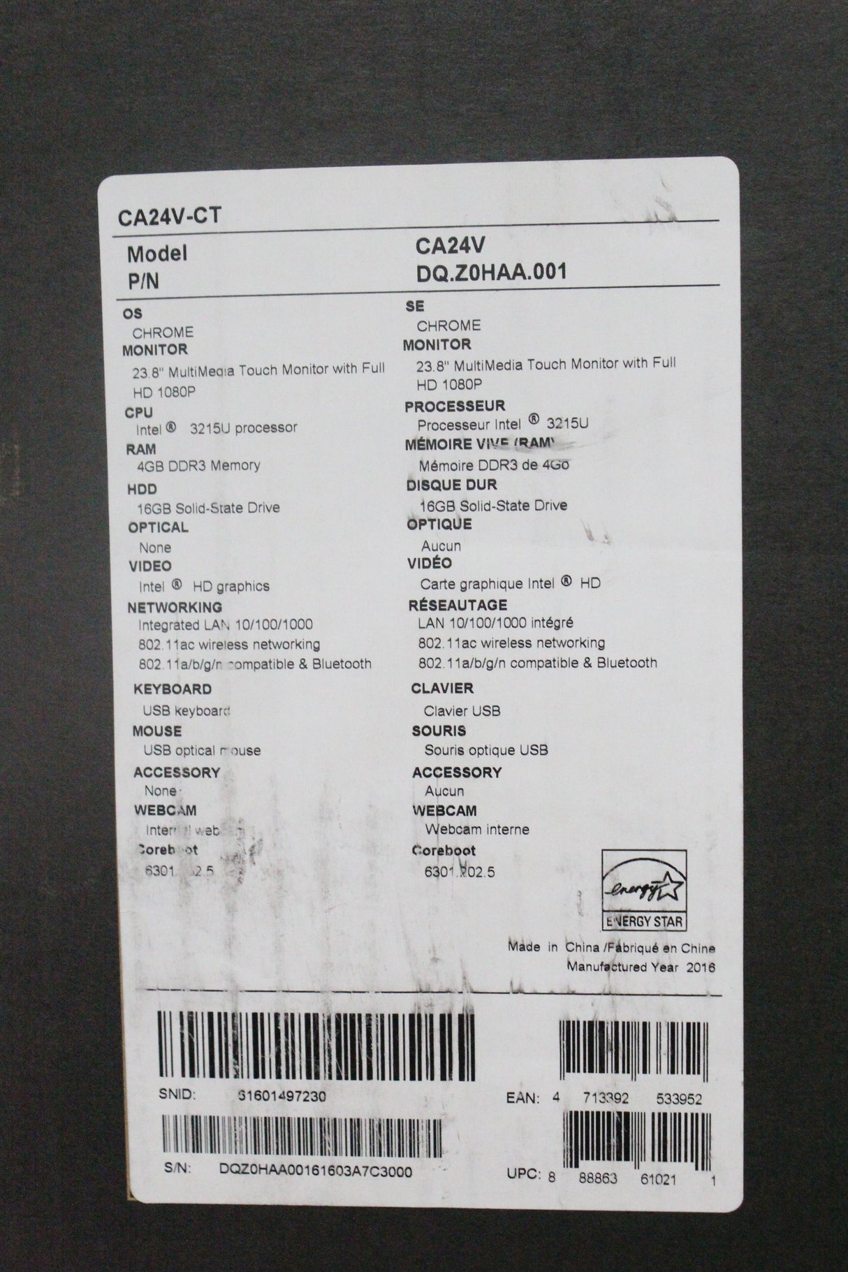 Acer Chromebase CA24V-CT Celeron 4GB 16GB 23.8" All in One Computer