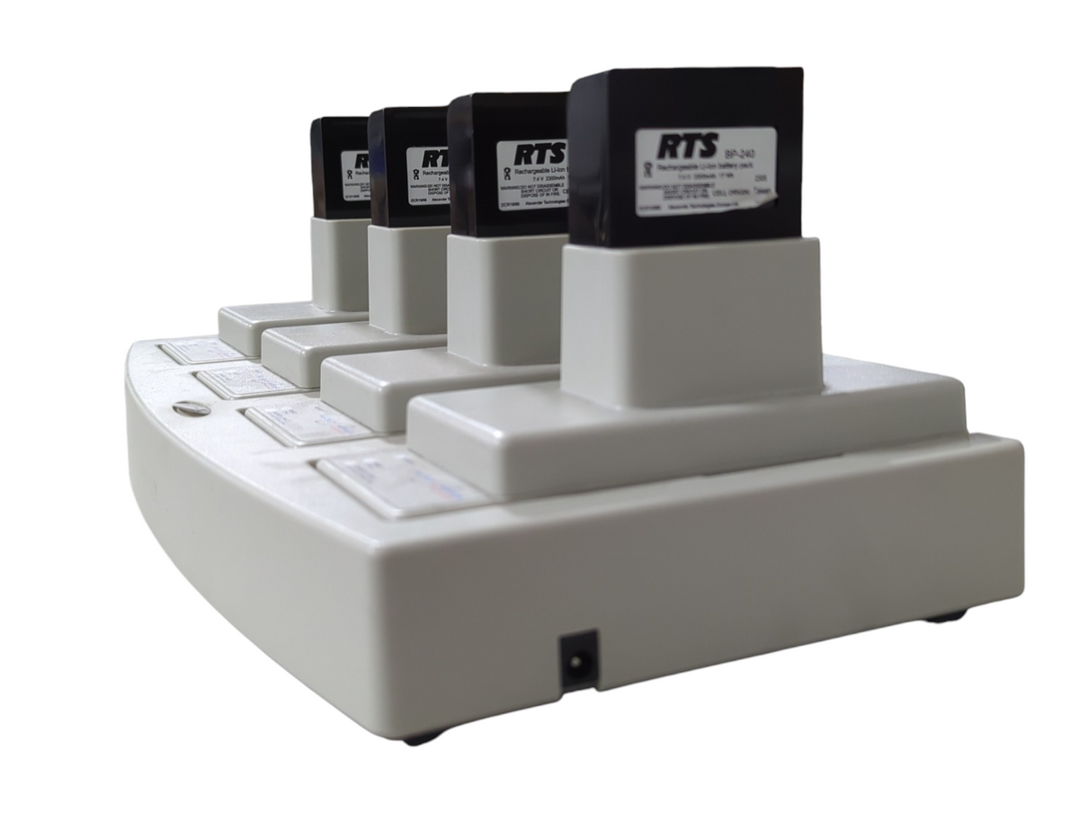 Alexander Technologies UBC30000 4 Slot Universal Battery Charger w/ (4) Alexander Technologies UBCPRD0002343L02, (4) RTS Rechargeable Li-Ion Battery Pack