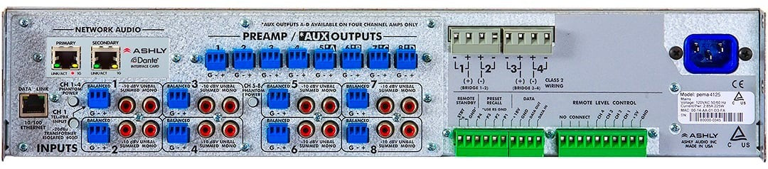 Ashly PEMA 4125D 4-Channel Power Amplifier plus OPDante Option Card, 125W at 4 Ohms, 8x8 DSP Matrix, CobraNet