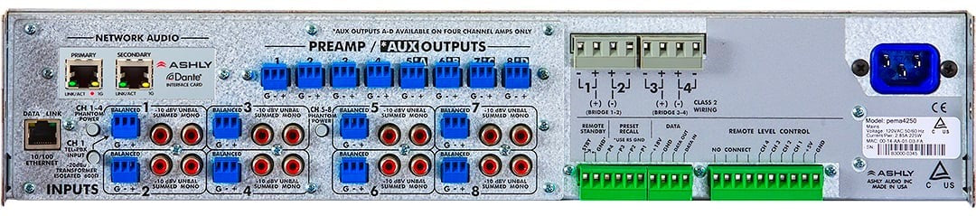 Ashly PEMA 4250.70D 4-Channel Network Power Amplifier plus OPDante Option Card, 250W at 70V, 8x8 DSP Matrix, CobraNet