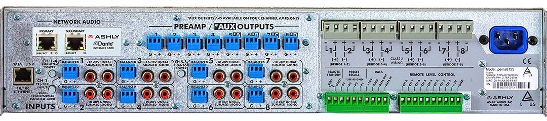Ashly PEMA 8125D 8-Channel 1000W Pema Network Power Amplifier with OPDante Card & Protea DSP Software Suite