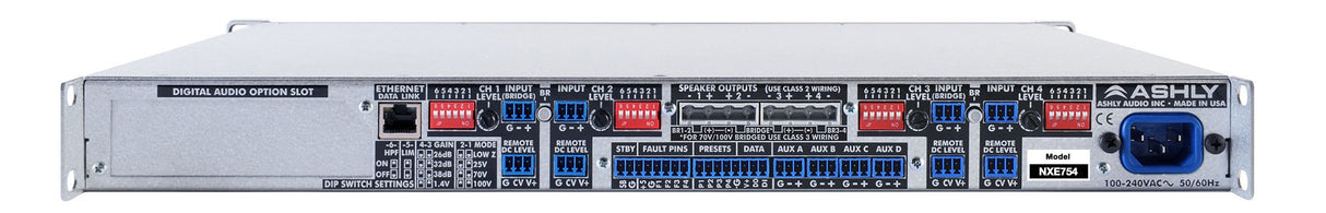 Ashly nXe754BD 4-Channel Network Power Amplifier with OPDante and OPDAC4 Option Cards