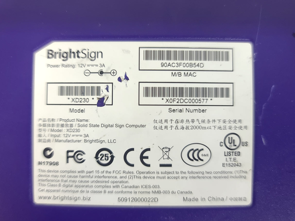 BrightSign XD230 Digital Media Signage w/ Ac Adapter
